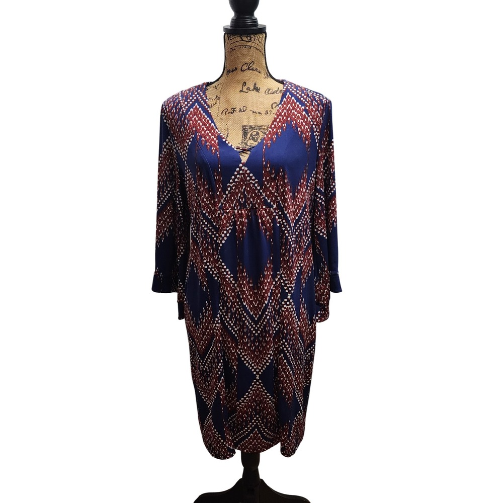 Signature by Robbie Bee Women's L Blue Brown Geometric Dress